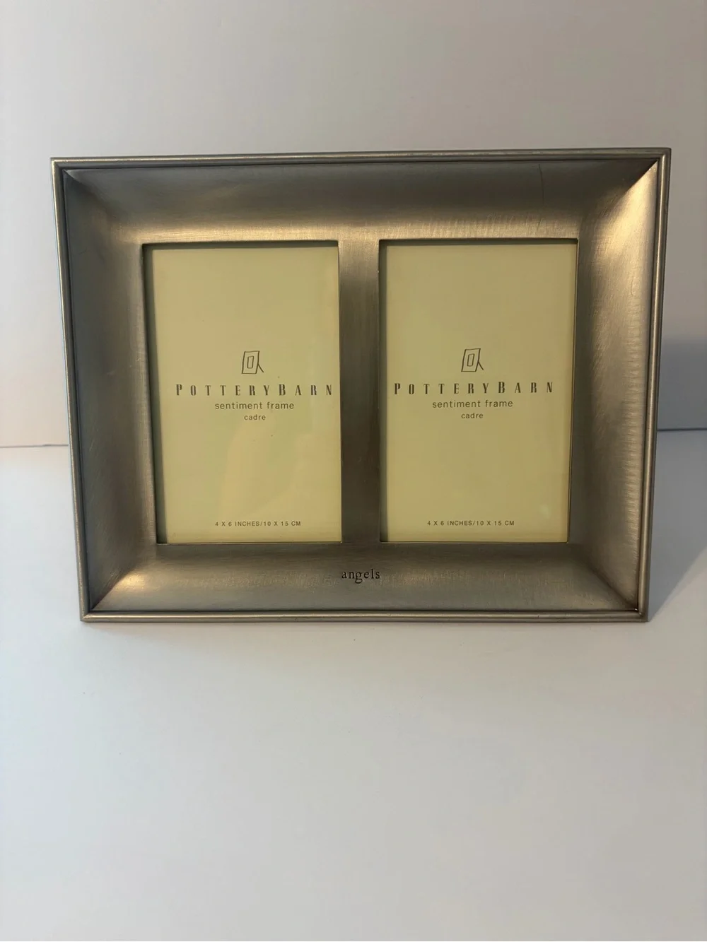 Vintage pottery Barn, silver sentiment, double picture frame “angels” 4x6